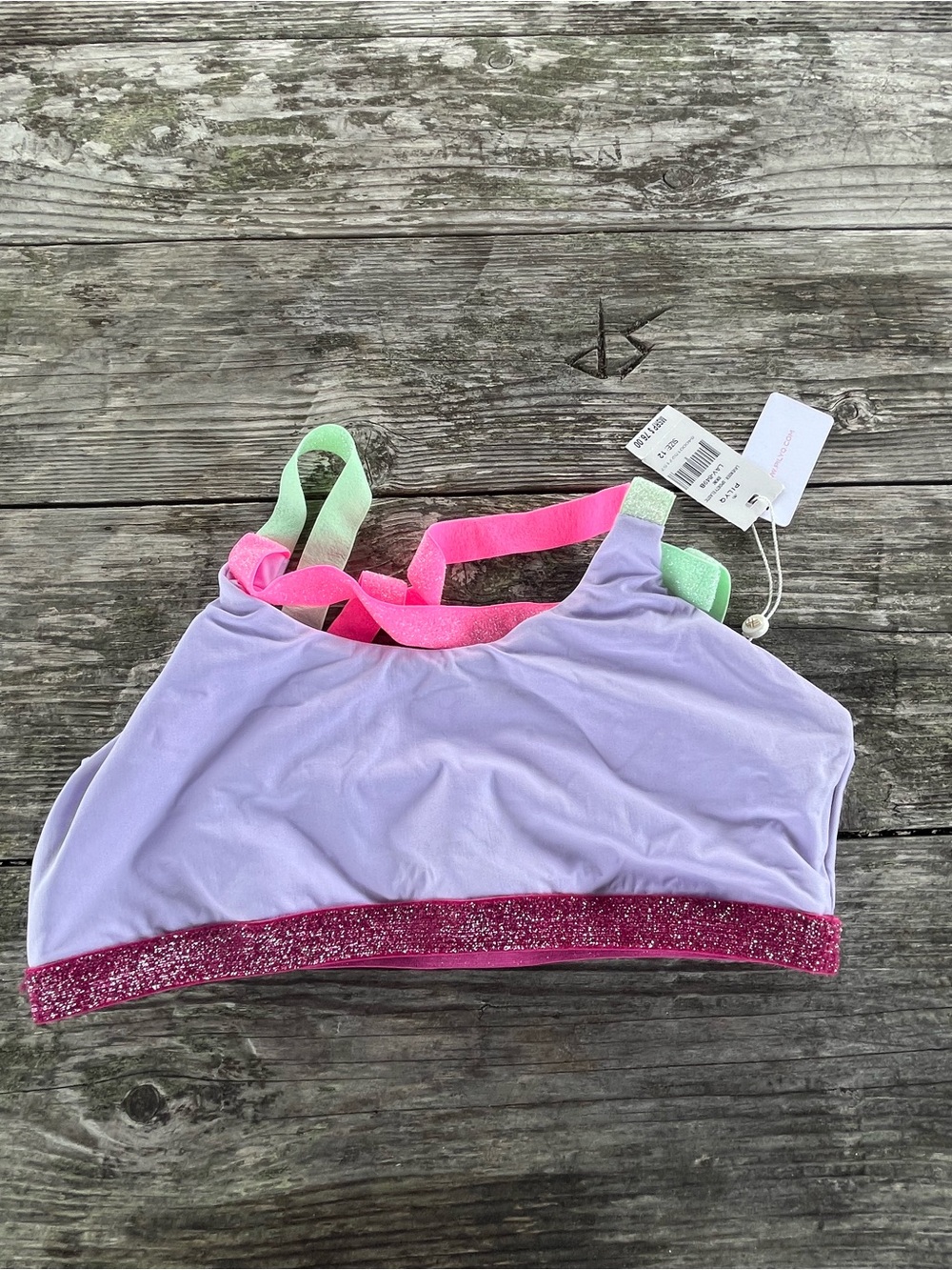 PHILYQ Girls' Lavender Glitter Trim Swim Top with Neon Straps nwt sz 12 girls